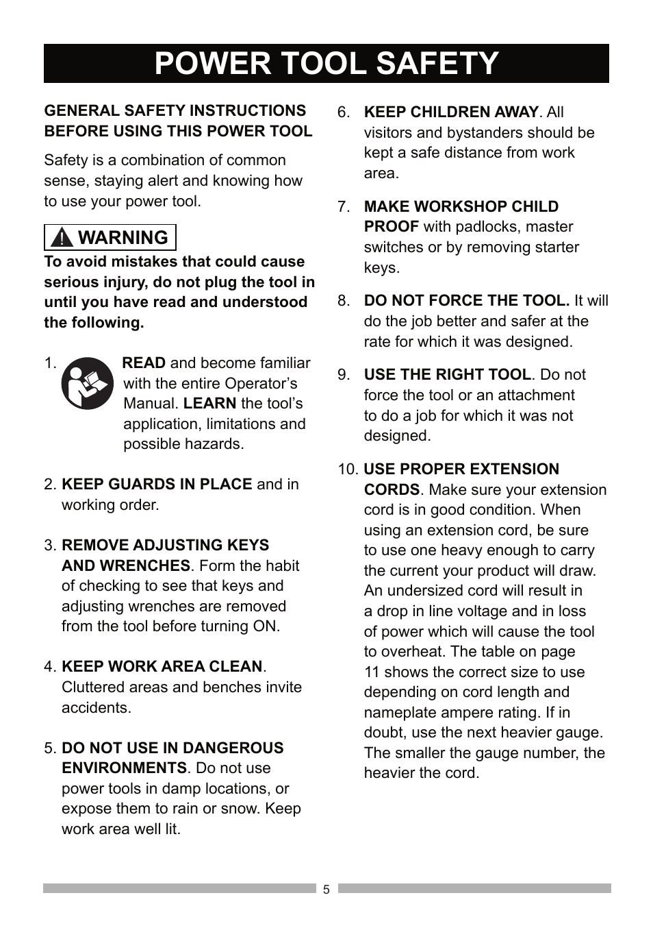 Power tool safety, Warning | Craftsman 137.21602 User Manual | Page 5 / 36