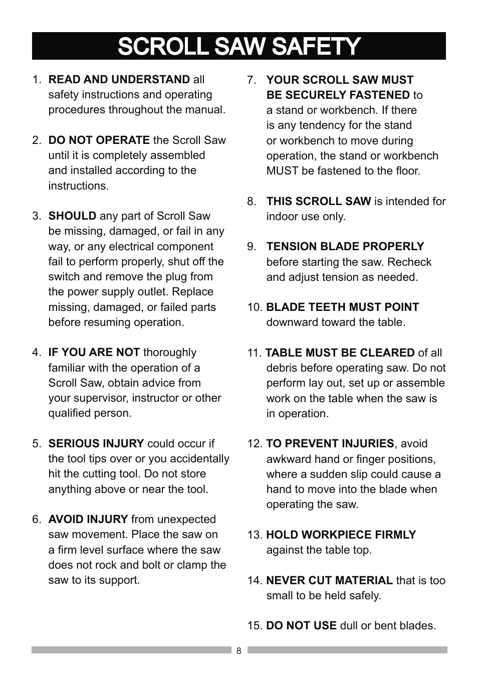 Scroll saw safety | Craftsman 137.21602 User Manual | Page 8 / 36