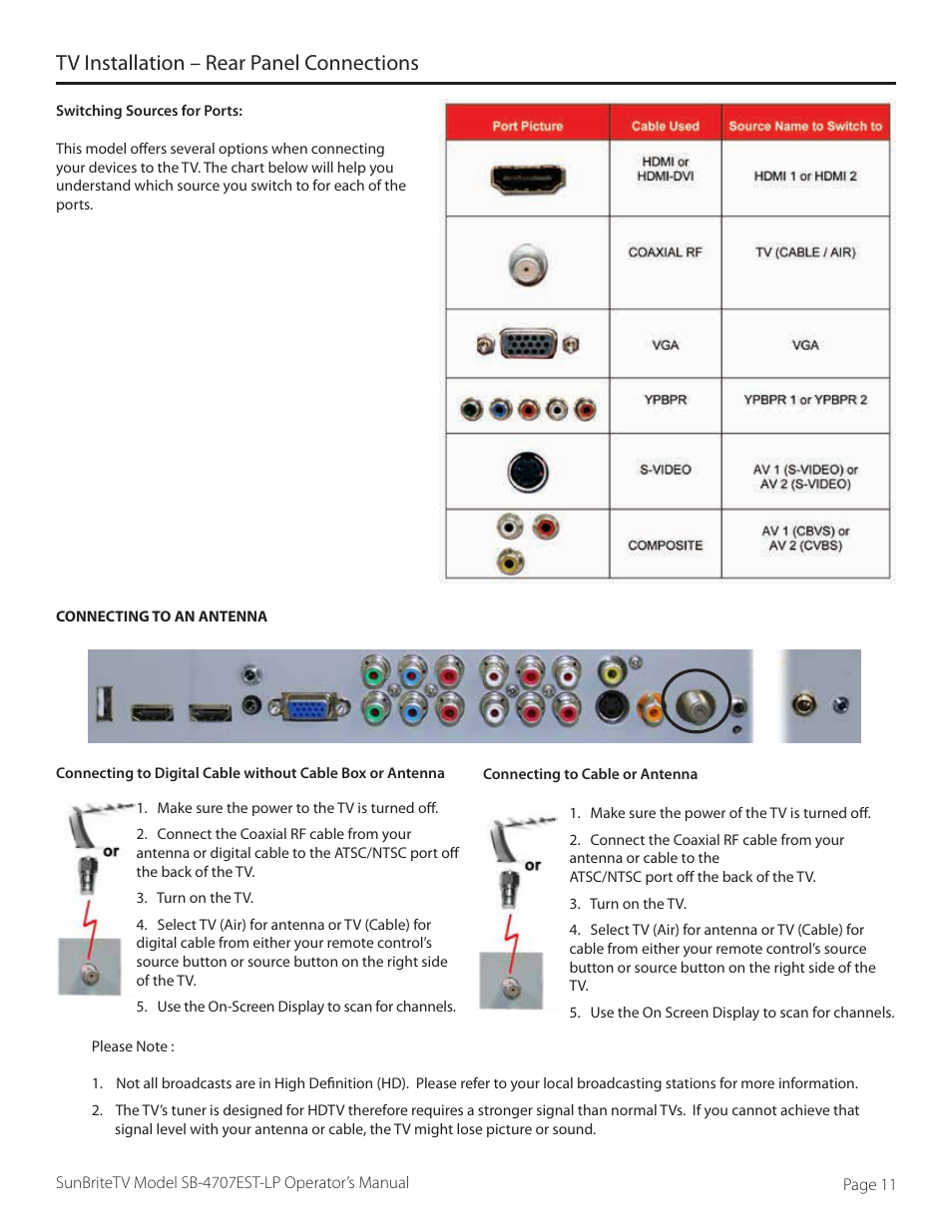 Tv installation – rear panel connections | SunBriteTV SB-4707EST-P User Manual | Page 11 / 36