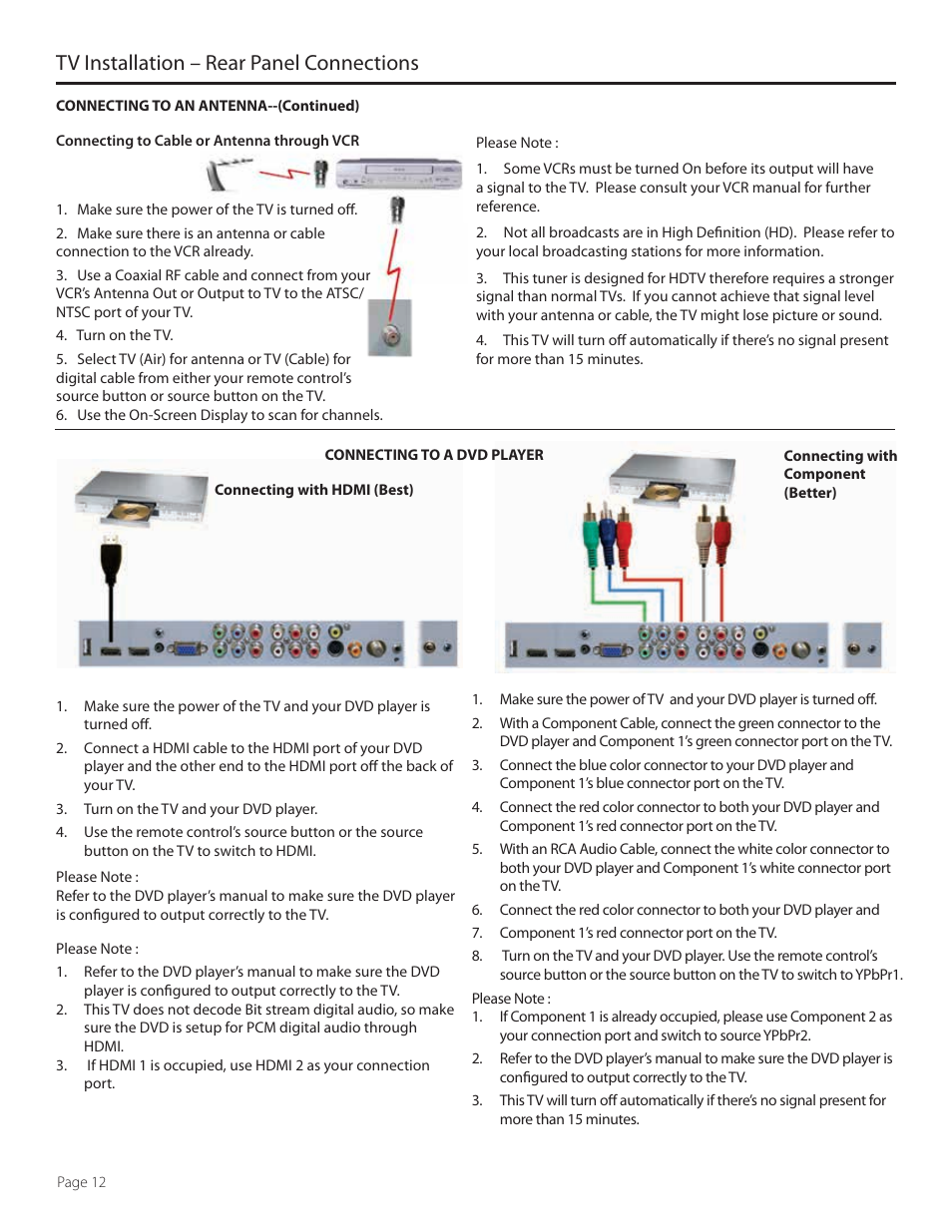 Tv installation – rear panel connections | SunBriteTV SB-4707EST-P User Manual | Page 12 / 36