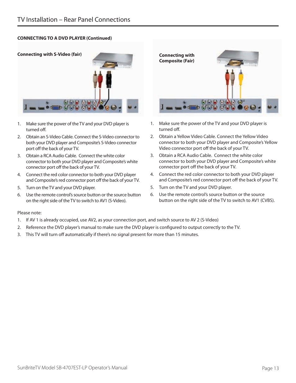 Tv installation – rear panel connections | SunBriteTV SB-4707EST-P User Manual | Page 13 / 36