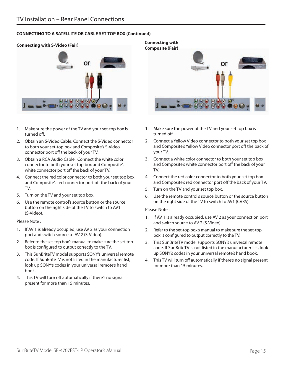 Tv installation – rear panel connections | SunBriteTV SB-4707EST-P User Manual | Page 15 / 36