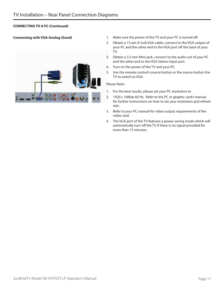 Tv installation – rear panel connection diagrams | SunBriteTV SB-4707EST-P User Manual | Page 17 / 36