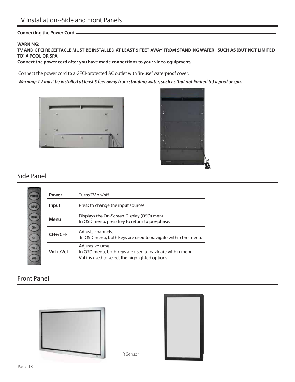 Tv installation--side and front panels, Side panel front panel | SunBriteTV SB-4707EST-P User Manual | Page 18 / 36
