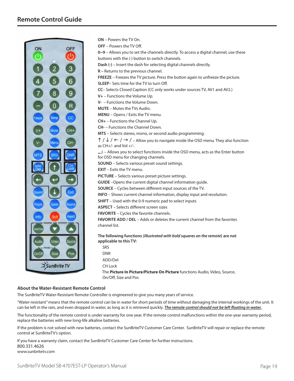 Remote control guide | SunBriteTV SB-4707EST-P User Manual | Page 19 / 36