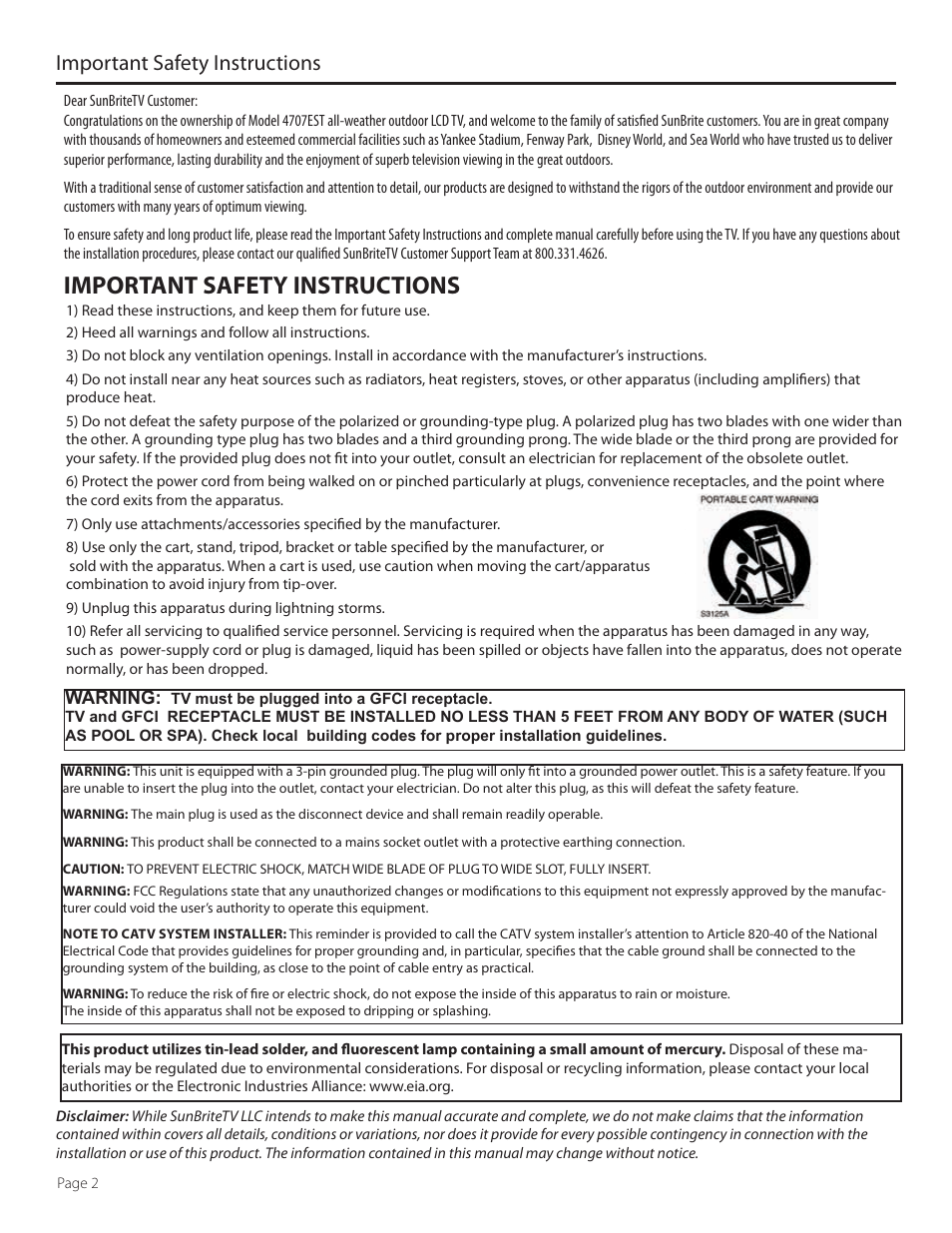 Important safety instructions | SunBriteTV SB-4707EST-P User Manual | Page 2 / 36