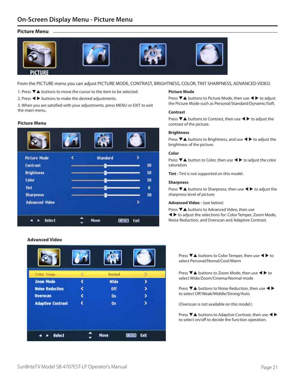 On-screen display menu - picture menu | SunBriteTV SB-4707EST-P User Manual | Page 21 / 36