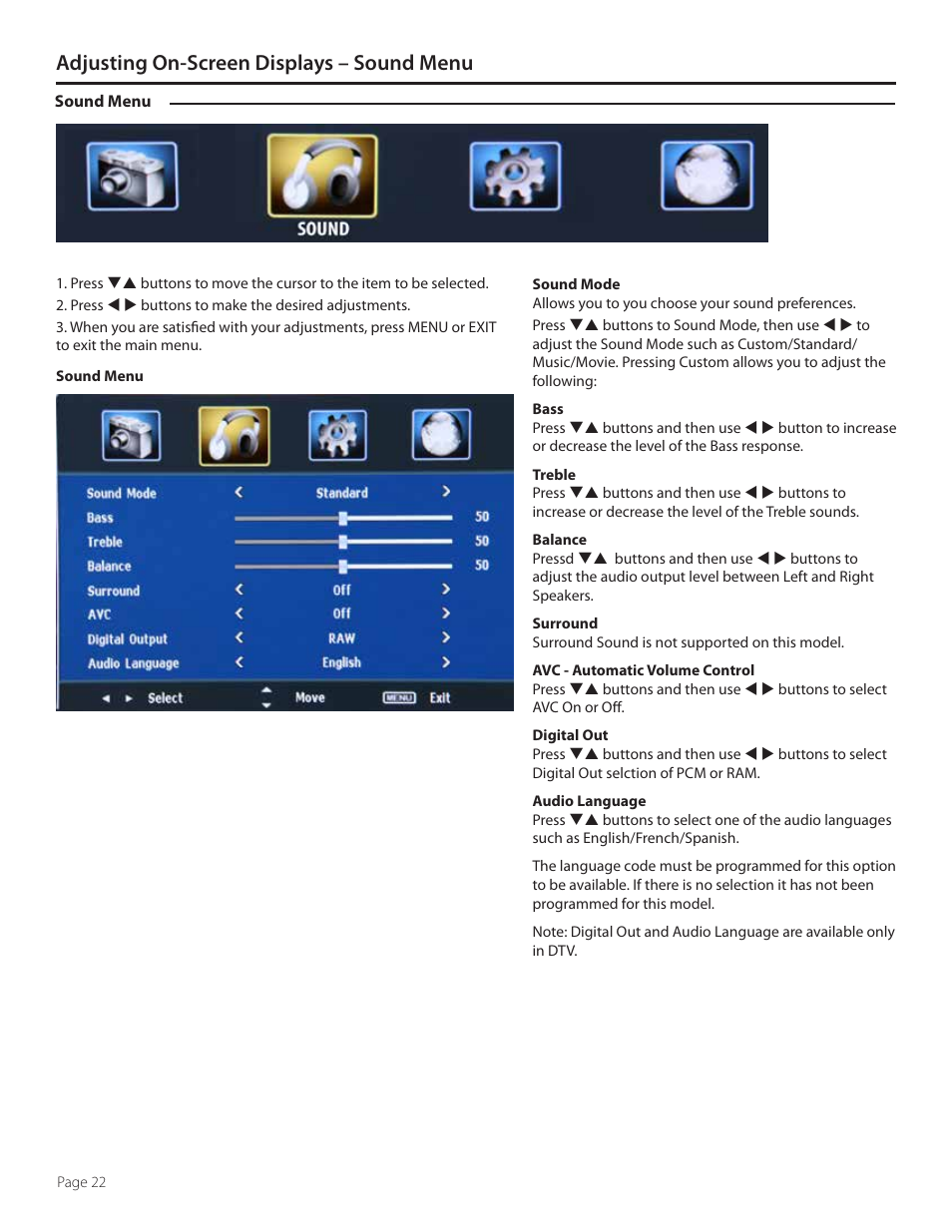 Adjusting on-screen displays – sound menu | SunBriteTV SB-4707EST-P User Manual | Page 22 / 36