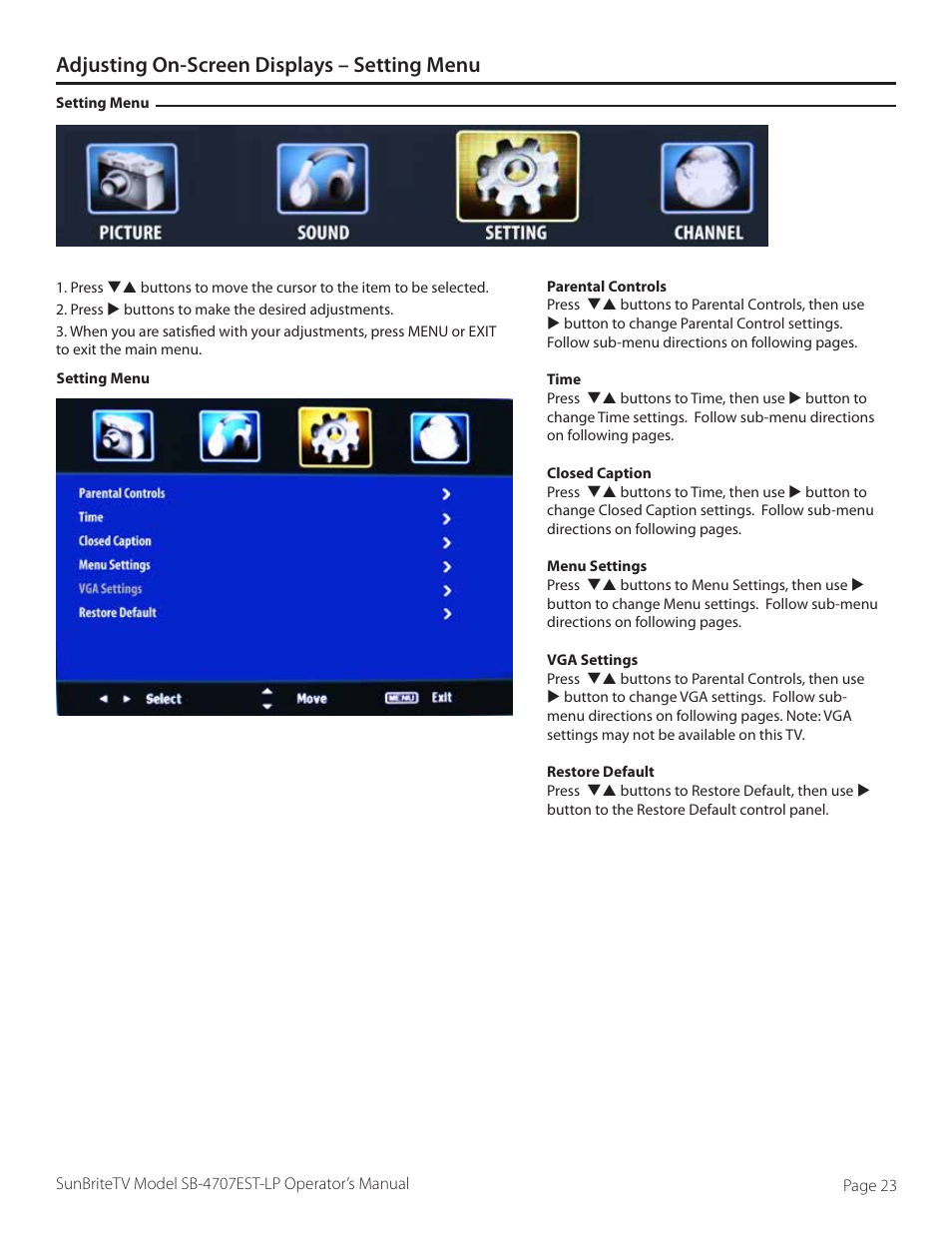Adjusting on-screen displays – setting menu | SunBriteTV SB-4707EST-P User Manual | Page 23 / 36