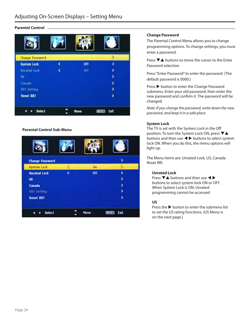Adjusting on-screen displays – setting menu | SunBriteTV SB-4707EST-P User Manual | Page 24 / 36