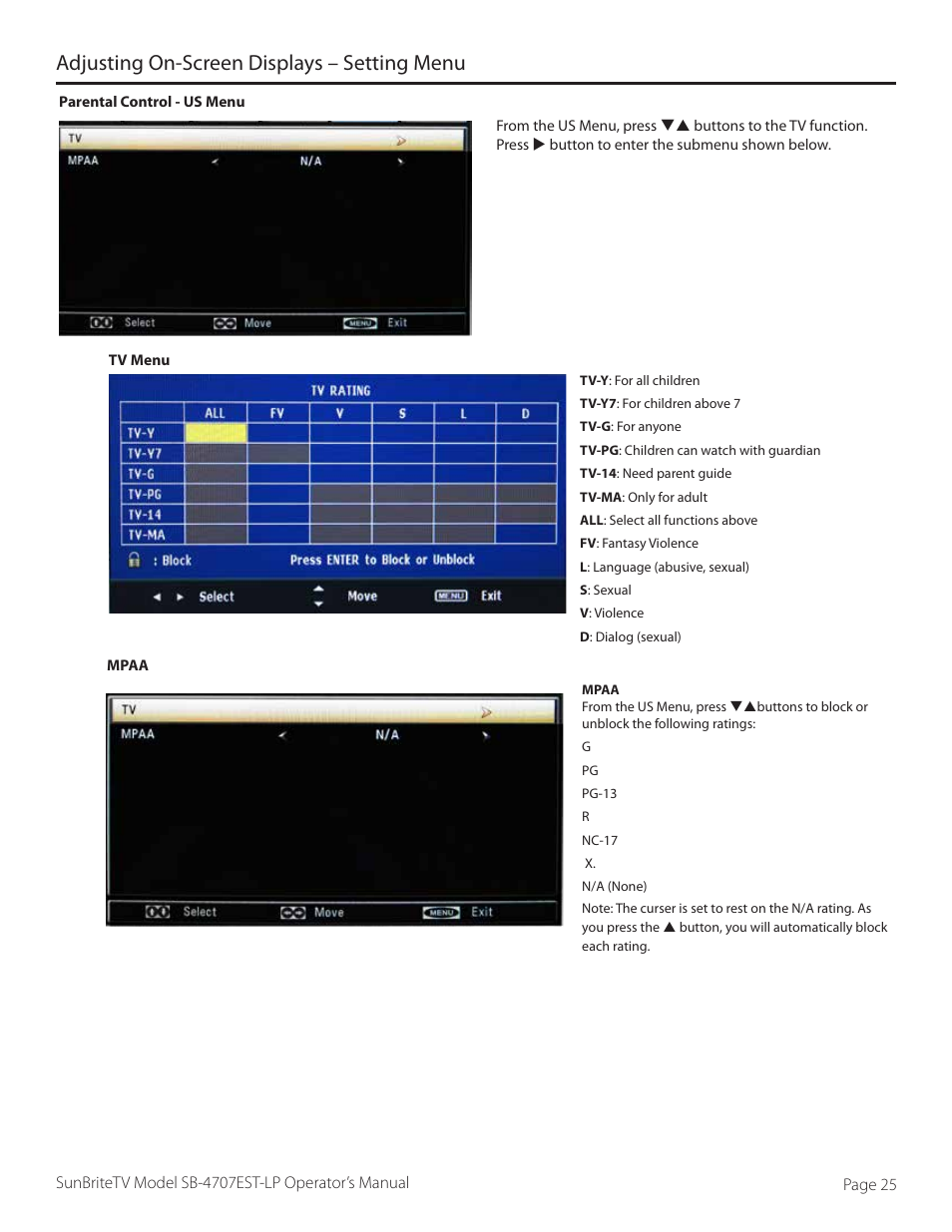 Adjusting on-screen displays – setting menu | SunBriteTV SB-4707EST-P User Manual | Page 25 / 36