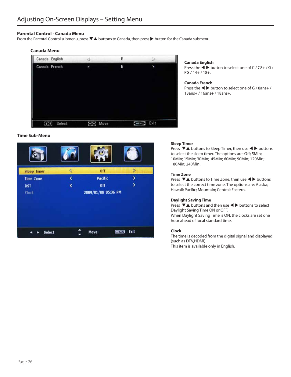 Adjusting on-screen displays – setting menu | SunBriteTV SB-4707EST-P User Manual | Page 26 / 36