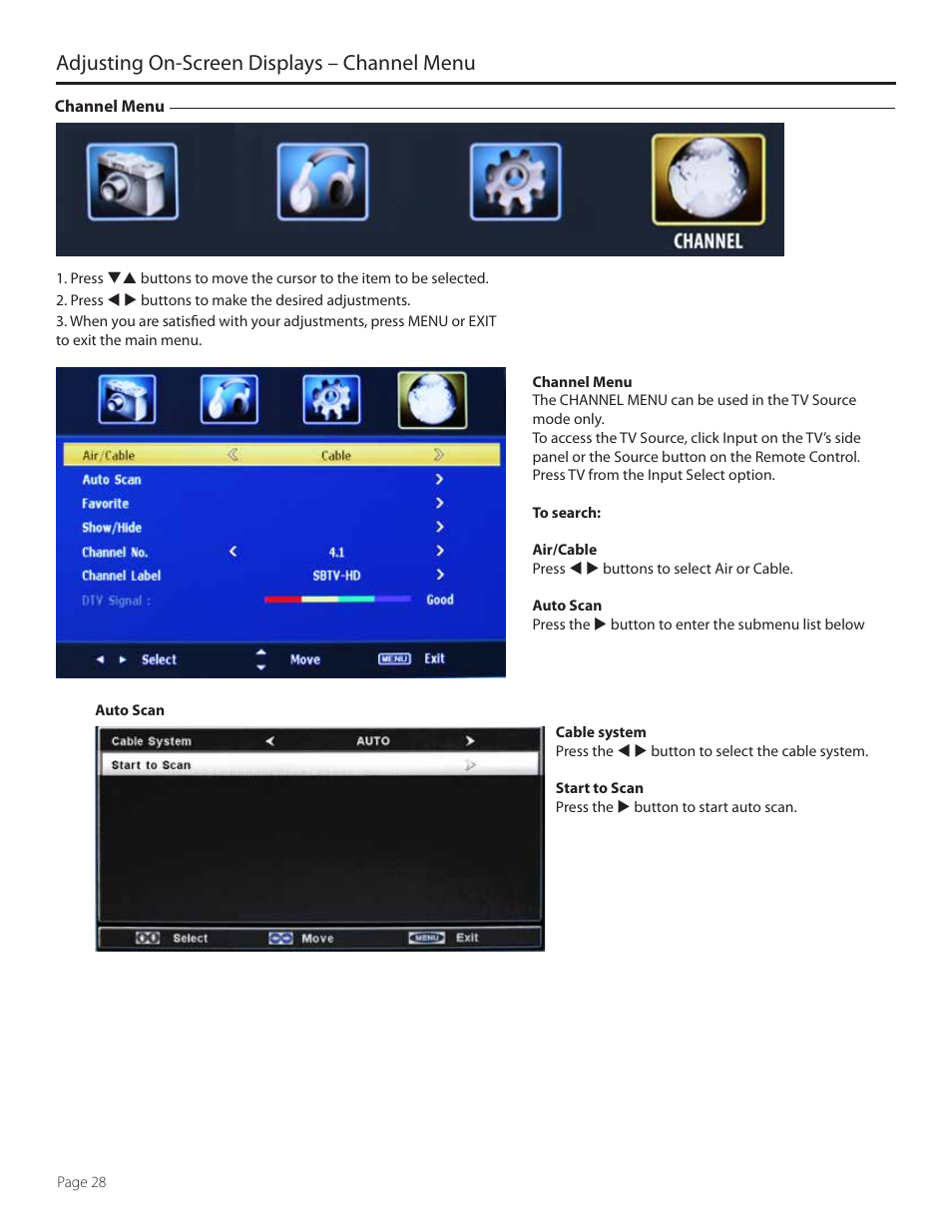 Adjusting on-screen displays – channel menu | SunBriteTV SB-4707EST-P User Manual | Page 28 / 36