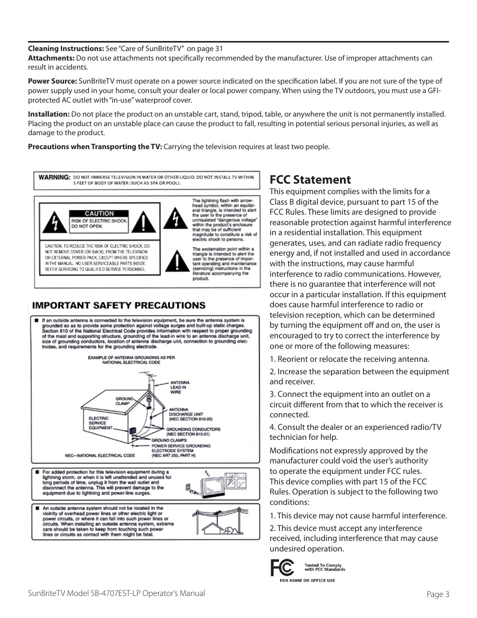 Fcc statement | SunBriteTV SB-4707EST-P User Manual | Page 3 / 36