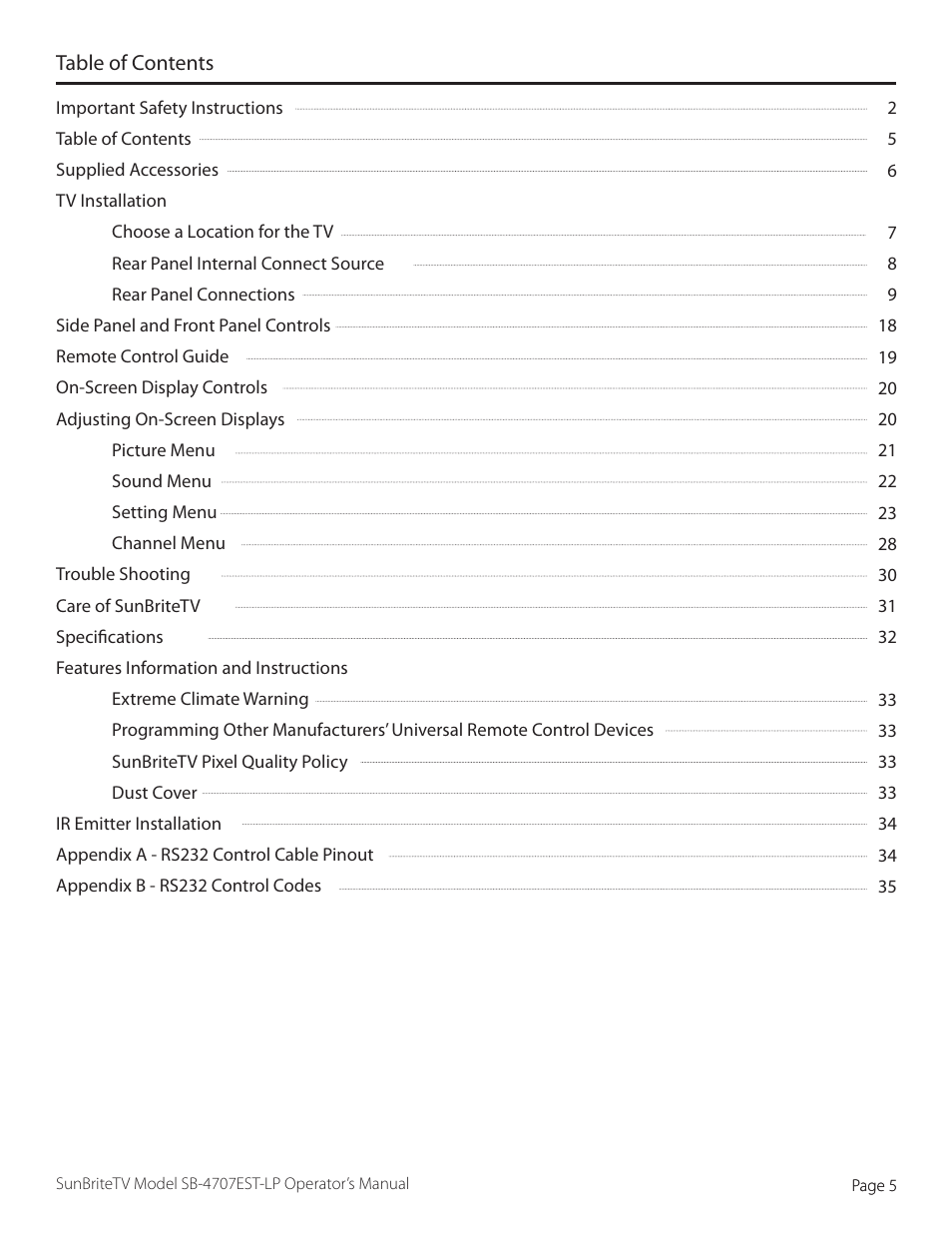 SunBriteTV SB-4707EST-P User Manual | Page 5 / 36