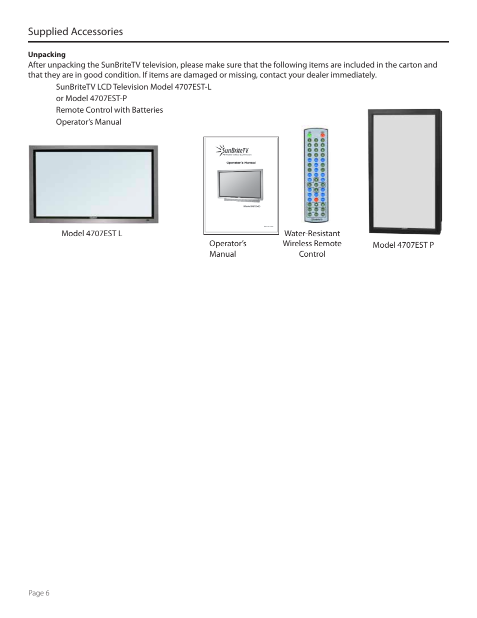 Supplied accessories | SunBriteTV SB-4707EST-P User Manual | Page 6 / 36