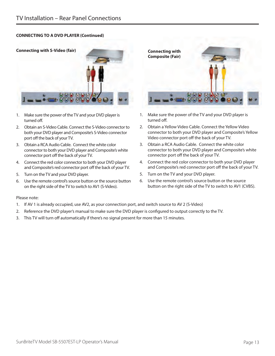 Tv installation – rear panel connections | SunBriteTV SB-5507EST-P User Manual | Page 13 / 36