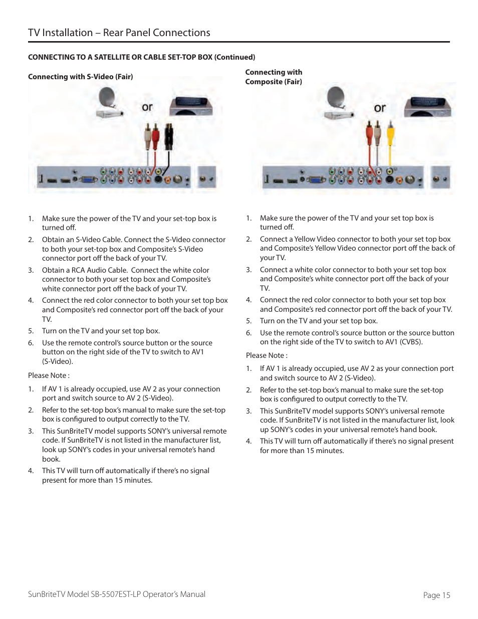 Tv installation – rear panel connections | SunBriteTV SB-5507EST-P User Manual | Page 15 / 36