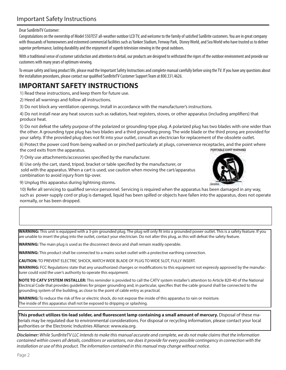 Important safety instructions | SunBriteTV SB-5507EST-P User Manual | Page 2 / 36