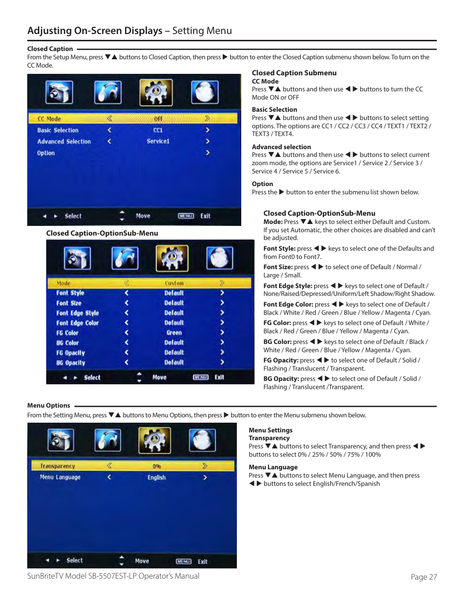 Adjusting on-screen displays – setting menu | SunBriteTV SB-5507EST-P User Manual | Page 27 / 36