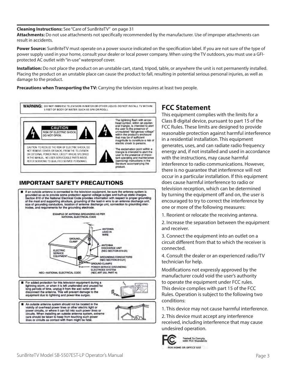 Fcc statement | SunBriteTV SB-5507EST-P User Manual | Page 3 / 36