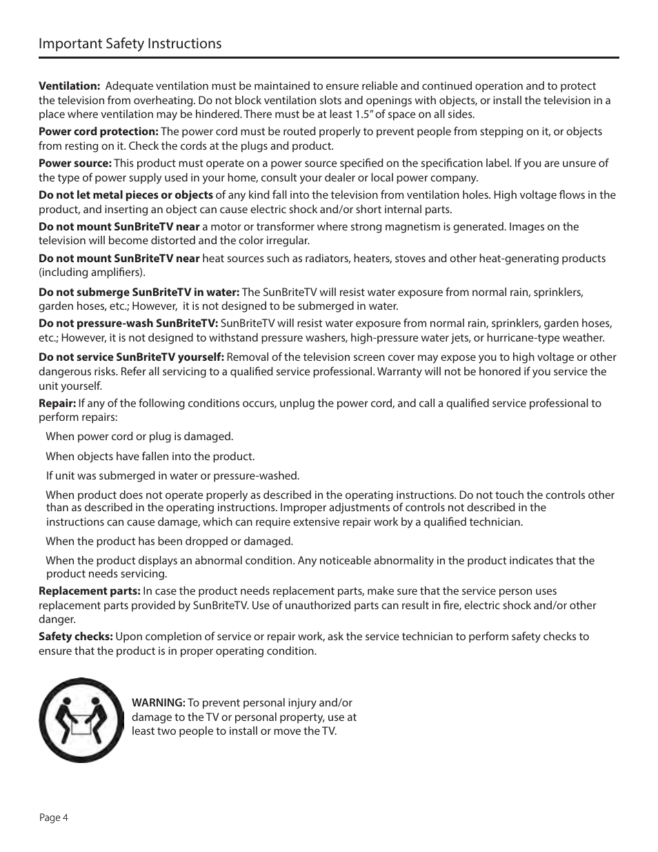 Important safety instructions | SunBriteTV SB-5507EST-P User Manual | Page 4 / 36
