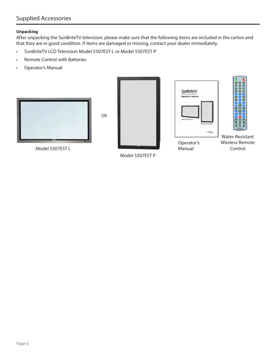 Supplied accessories | SunBriteTV SB-5507EST-P User Manual | Page 6 / 36