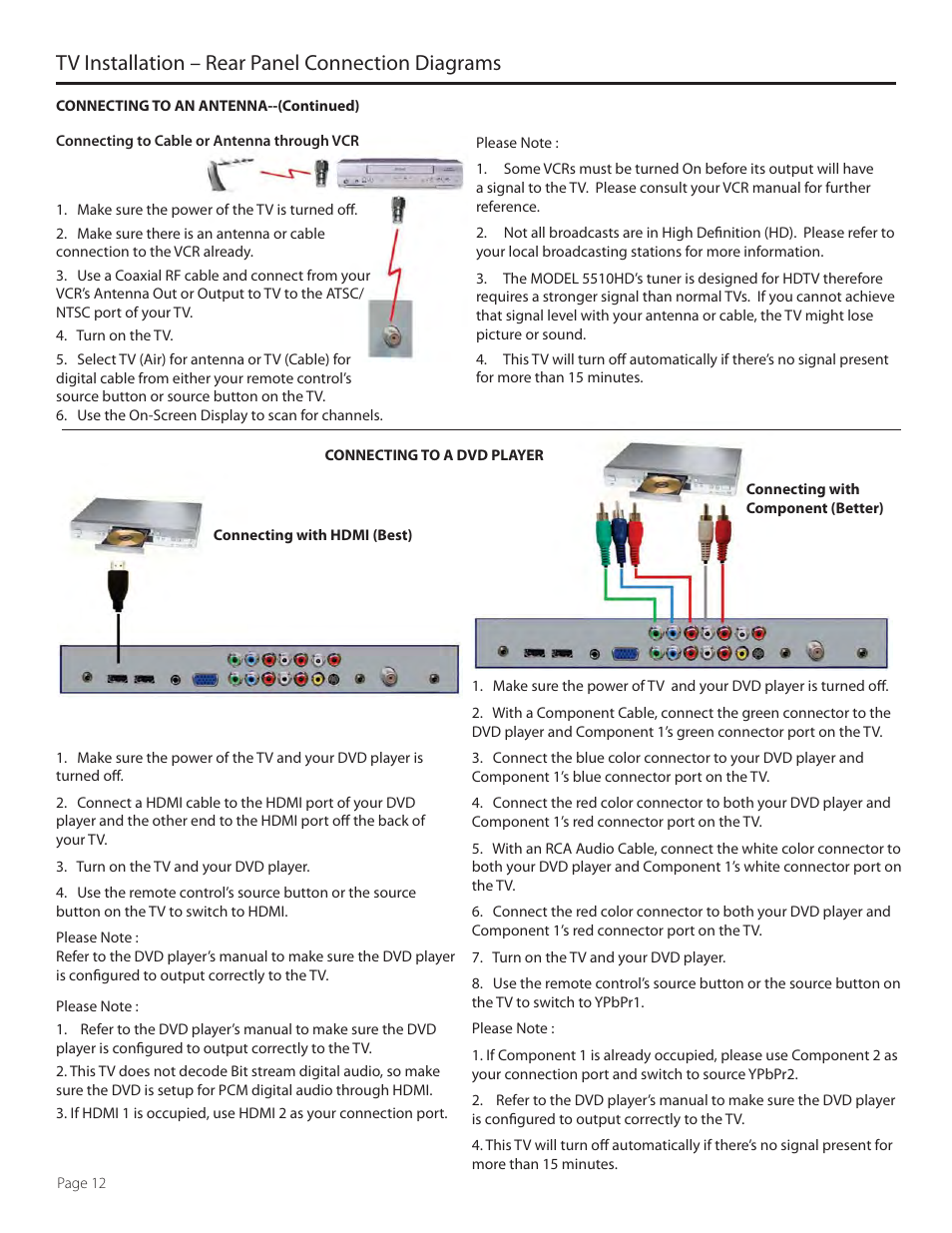 Tv installation – rear panel connection diagrams | SunBriteTV 5510HD User Manual | Page 12 / 40