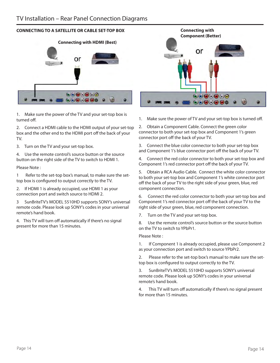 Tv installation – rear panel connection diagrams | SunBriteTV 5510HD User Manual | Page 14 / 40