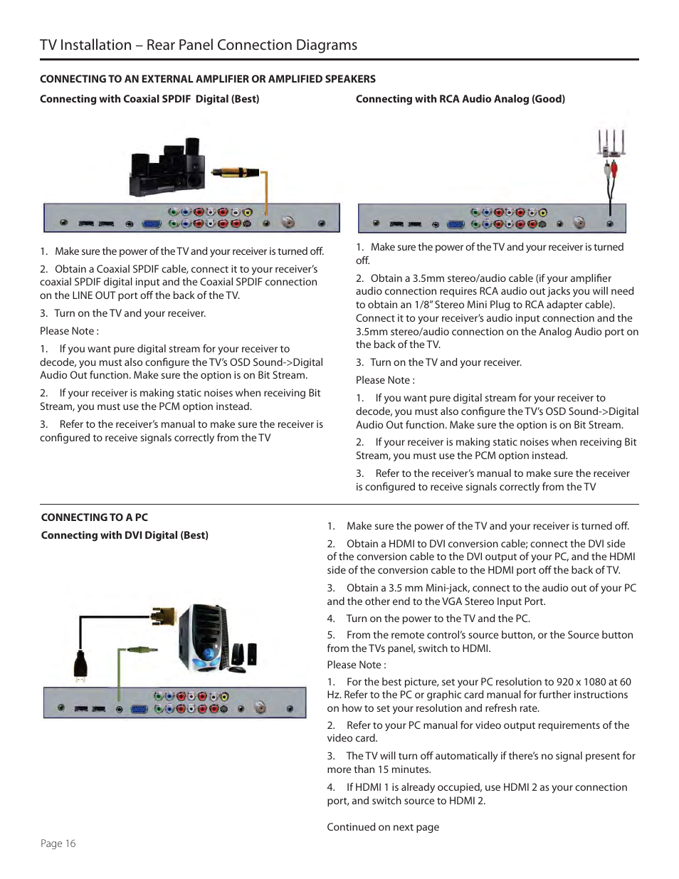 Tv installation – rear panel connection diagrams | SunBriteTV 5510HD User Manual | Page 16 / 40