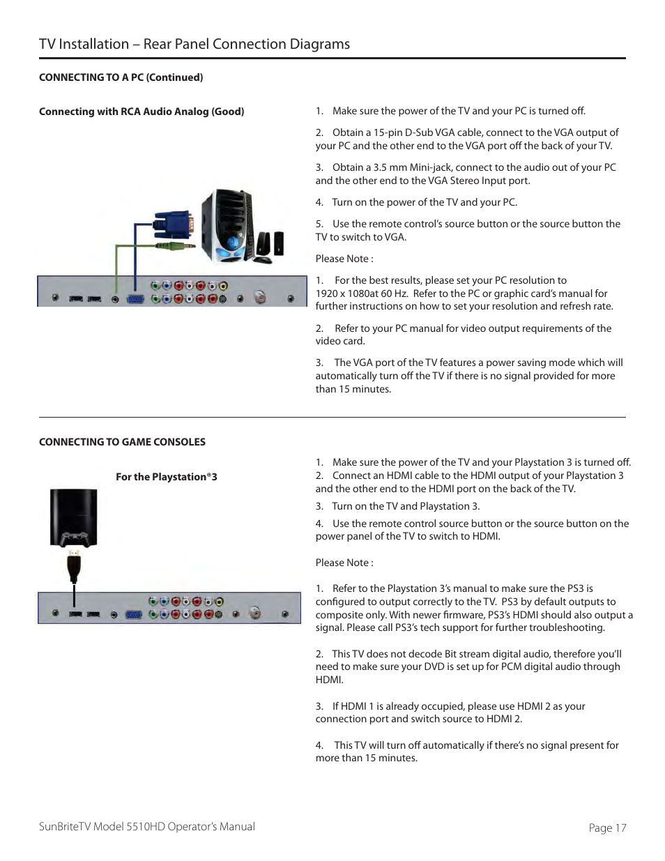 Tv installation – rear panel connection diagrams | SunBriteTV 5510HD User Manual | Page 17 / 40