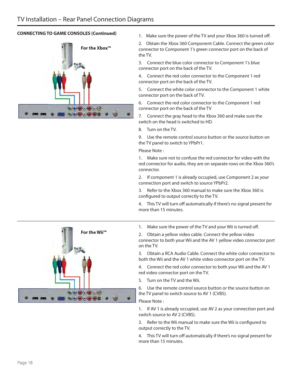 Tv installation – rear panel connection diagrams | SunBriteTV 5510HD User Manual | Page 18 / 40