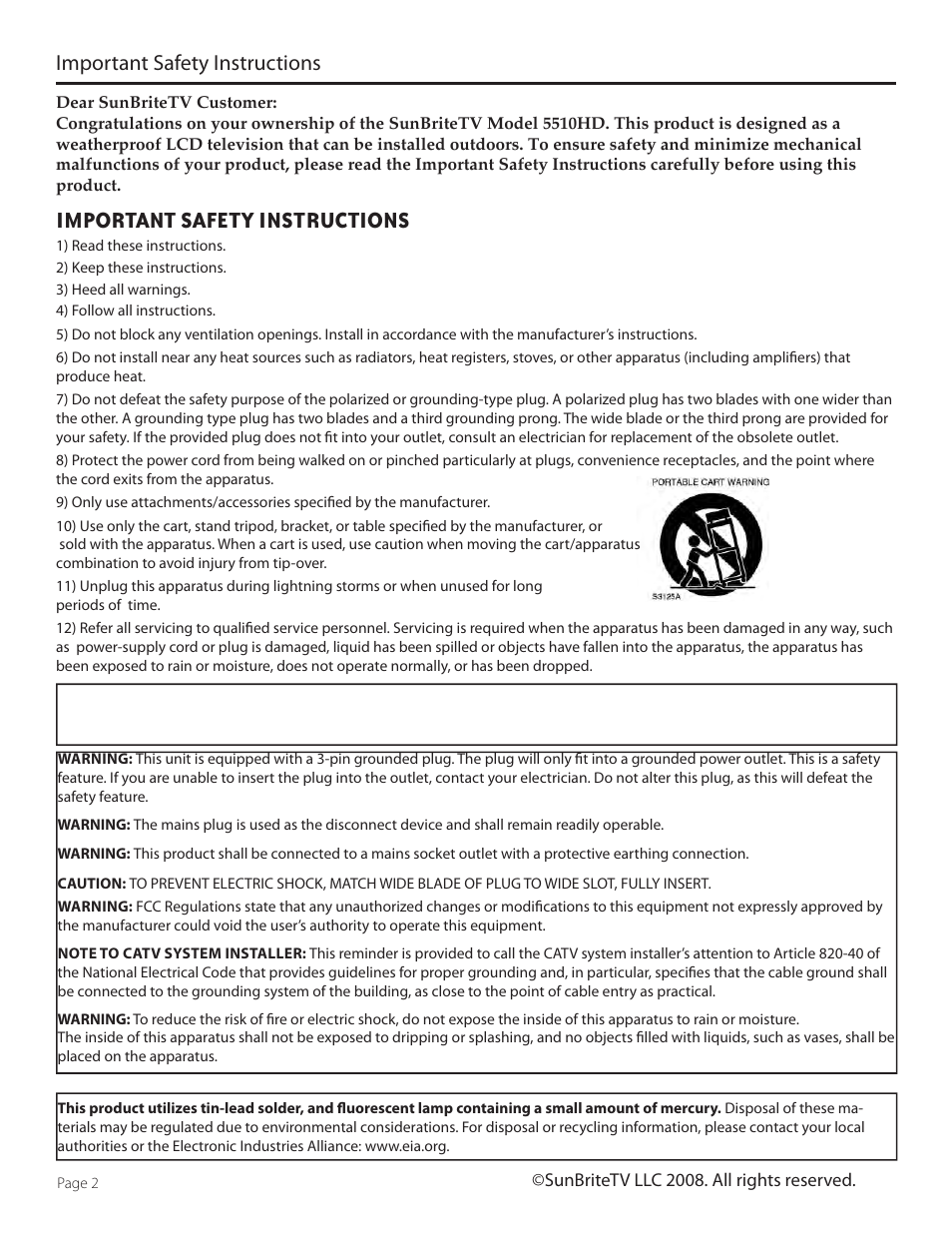 Important safety instructions | SunBriteTV 5510HD User Manual | Page 2 / 40