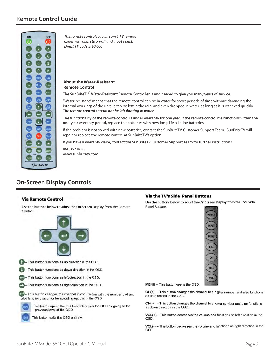 Remote control guide, On-screen display controls | SunBriteTV 5510HD User Manual | Page 21 / 40