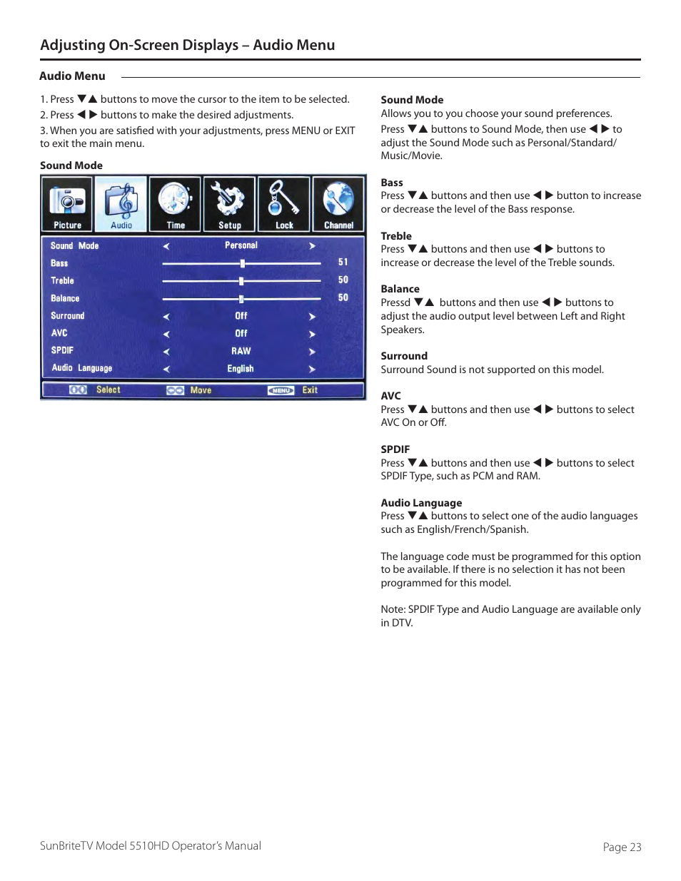 Adjusting on-screen displays – audio menu | SunBriteTV 5510HD User Manual | Page 23 / 40