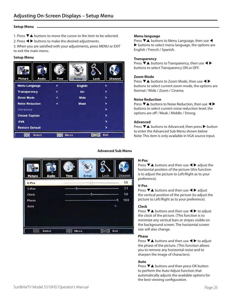 Adjusting on-screen displays – setup menu | SunBriteTV 5510HD User Manual | Page 25 / 40