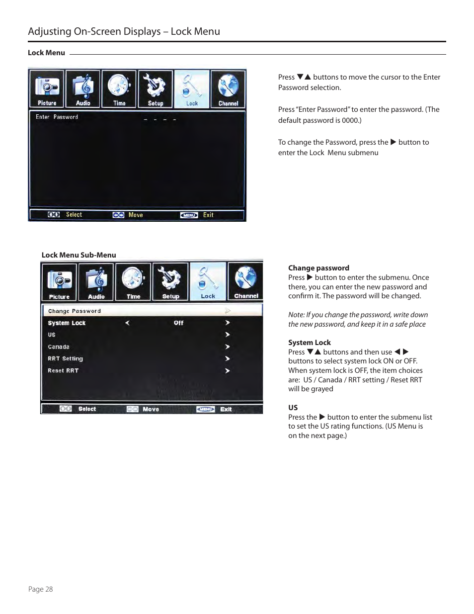 Adjusting on-screen displays – lock menu | SunBriteTV 5510HD User Manual | Page 28 / 40