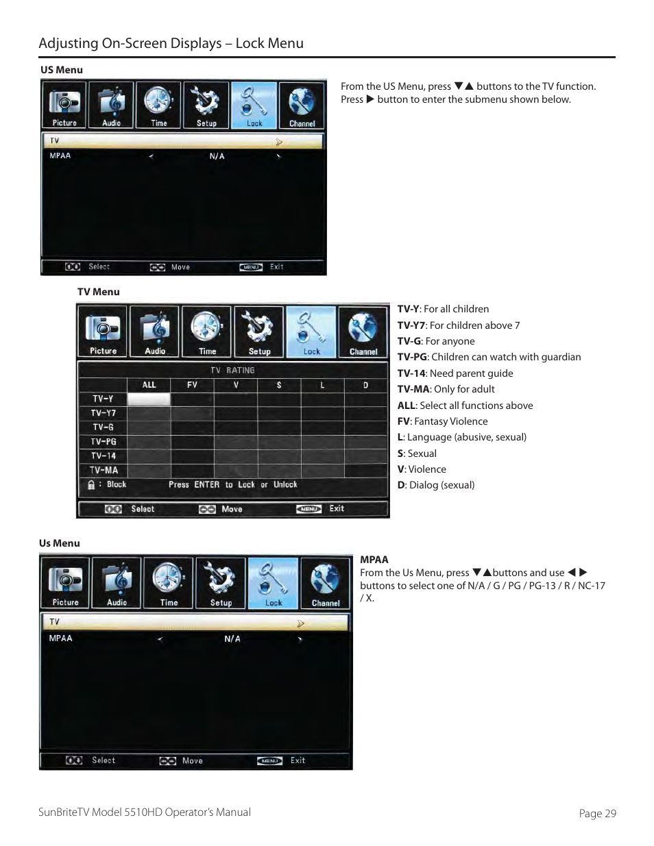 Adjusting on-screen displays – lock menu | SunBriteTV 5510HD User Manual | Page 29 / 40