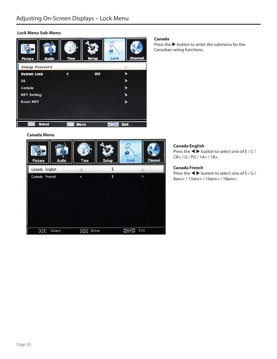 Adjusting on-screen displays – lock menu | SunBriteTV 5510HD User Manual | Page 30 / 40