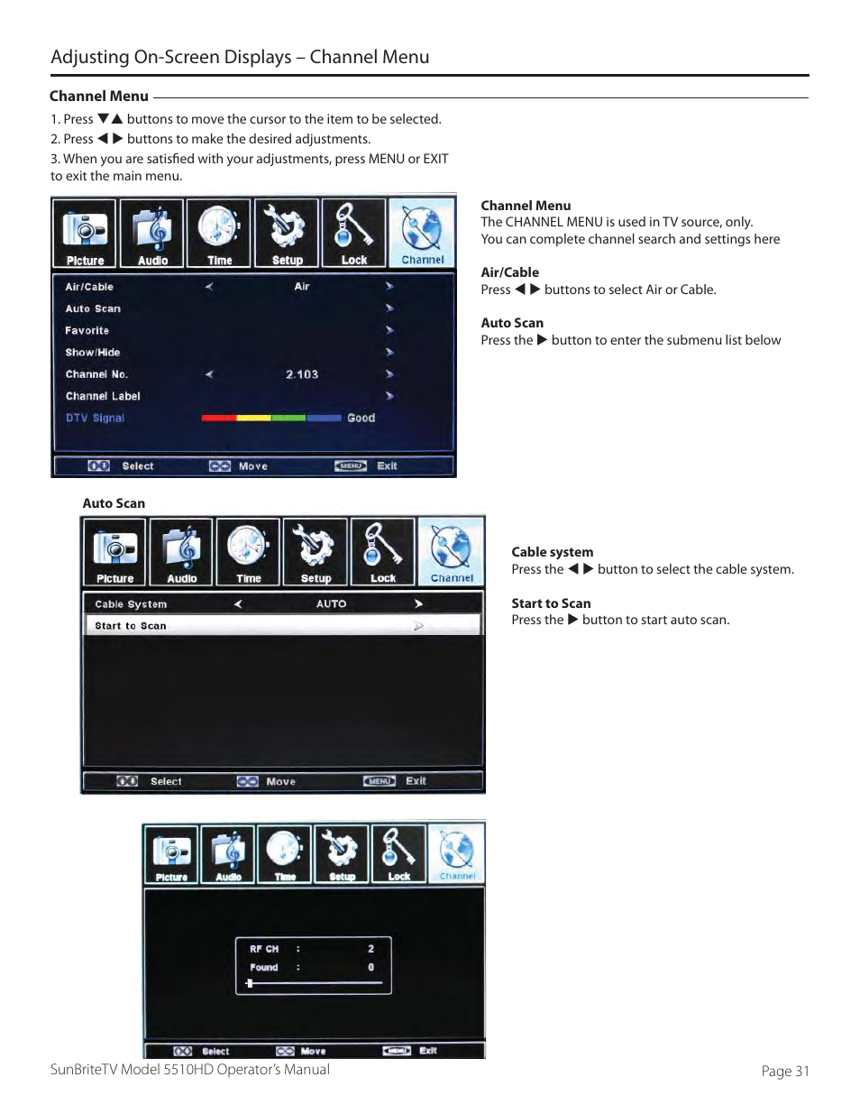 Adjusting on-screen displays – channel menu | SunBriteTV 5510HD User Manual | Page 31 / 40