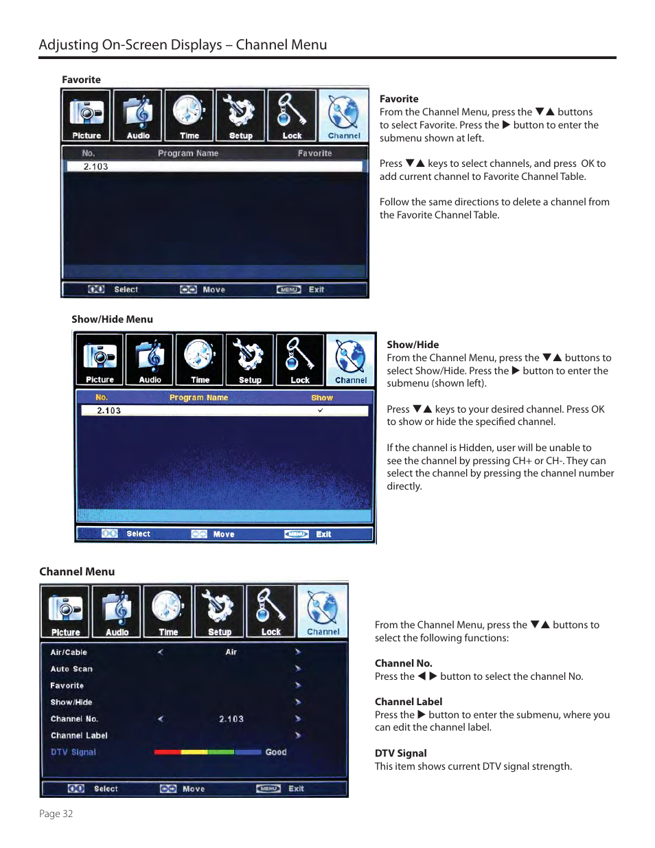 Adjusting on-screen displays – channel menu | SunBriteTV 5510HD User Manual | Page 32 / 40
