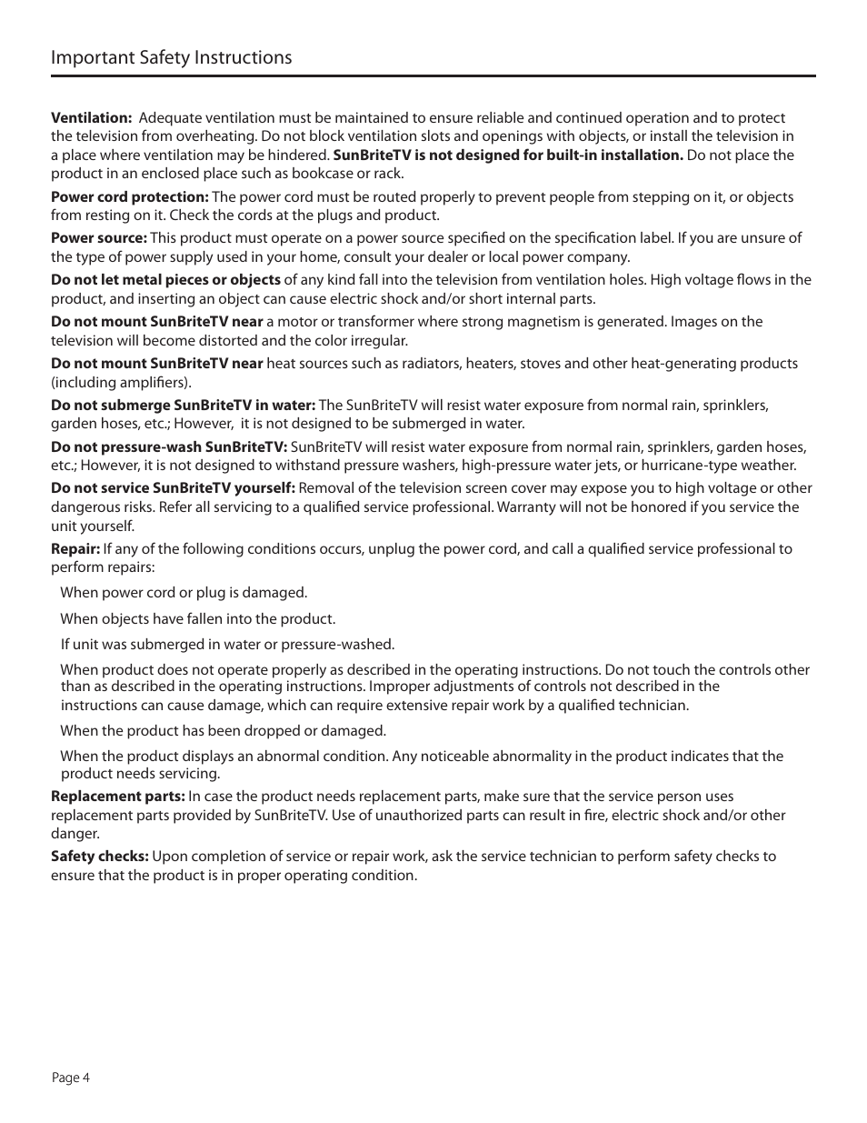 Important safety instructions | SunBriteTV 5510HD User Manual | Page 4 / 40