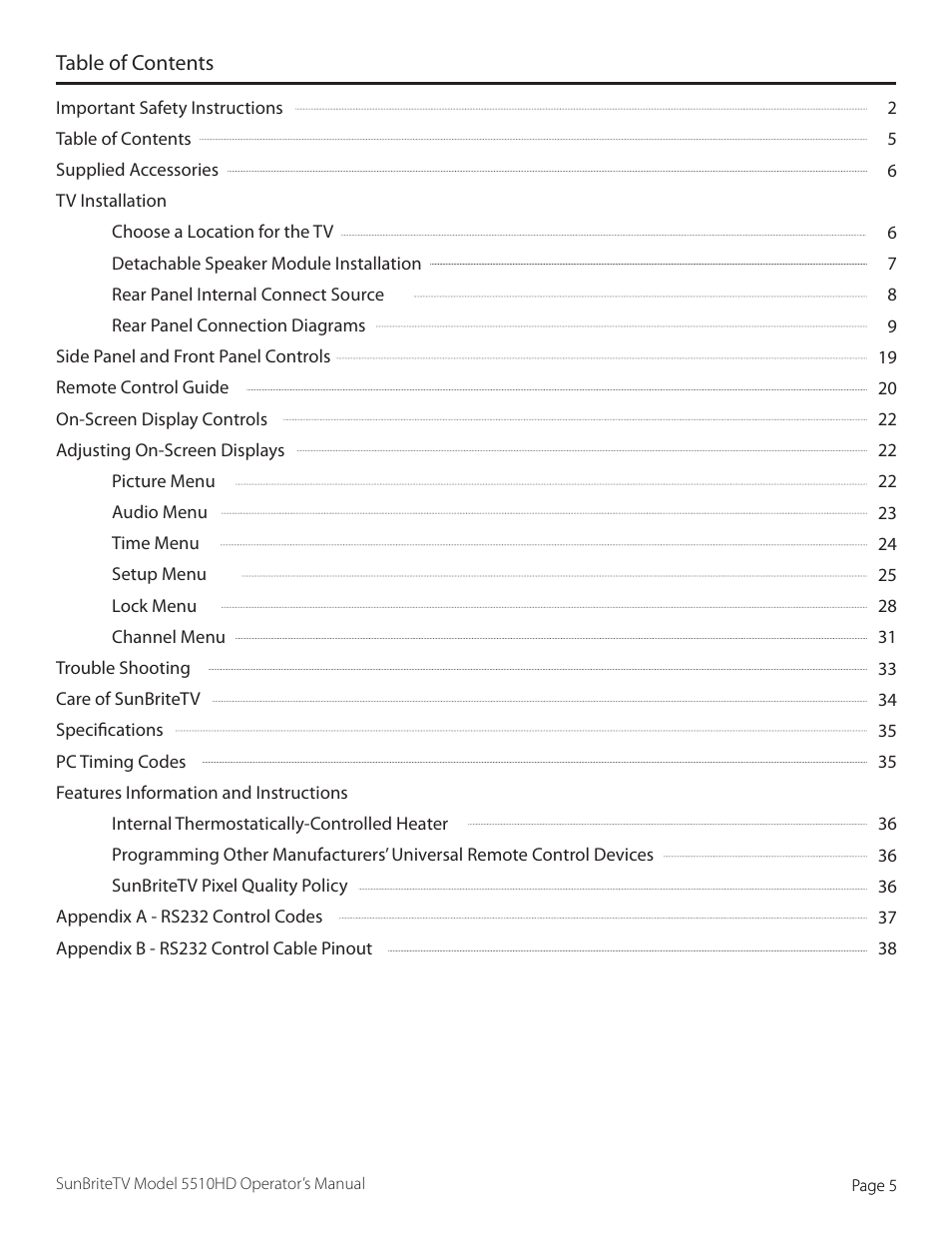 SunBriteTV 5510HD User Manual | Page 5 / 40