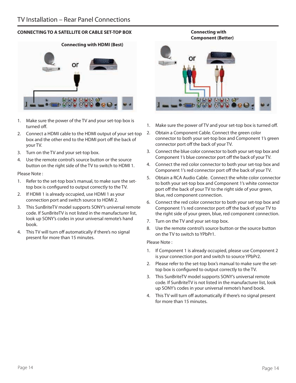 Tv installation – rear panel connections | SunBriteTV SB-5515HD User Manual | Page 14 / 36