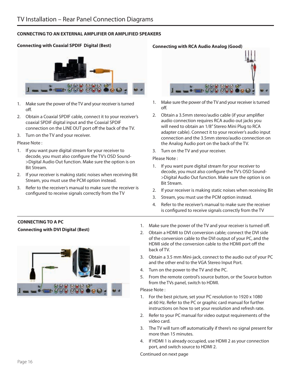 Tv installation – rear panel connection diagrams | SunBriteTV SB-5515HD User Manual | Page 16 / 36