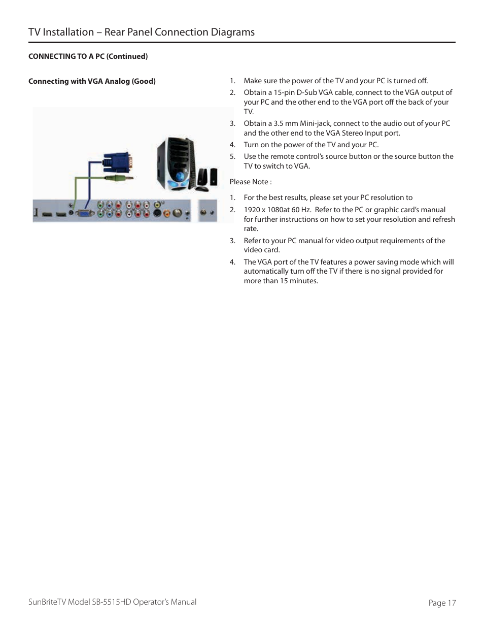 Tv installation – rear panel connection diagrams | SunBriteTV SB-5515HD User Manual | Page 17 / 36