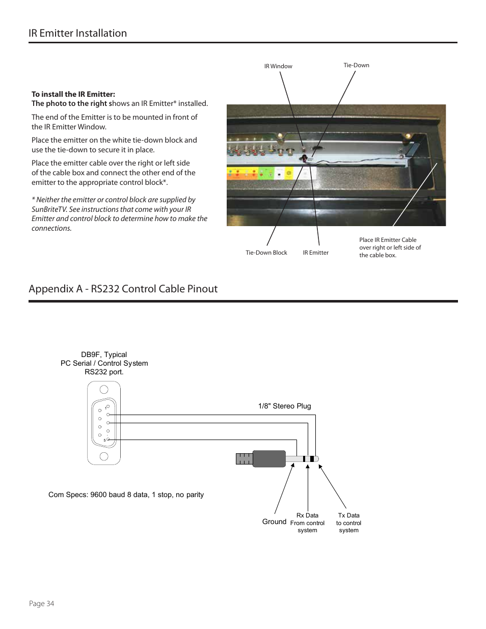 Ir emitter installation, Appendix a - rs232 control cable pinout, Sunbritetv rs232 control cable | SunBriteTV SB-5515HD User Manual | Page 34 / 36