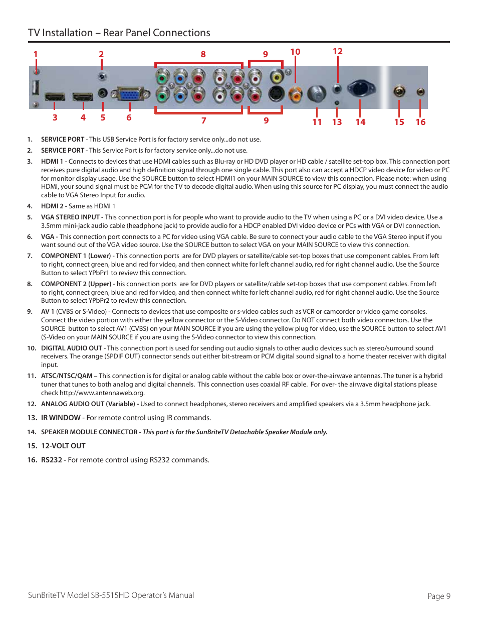 Tv installation – rear panel connections | SunBriteTV SB-5515HD User Manual | Page 9 / 36