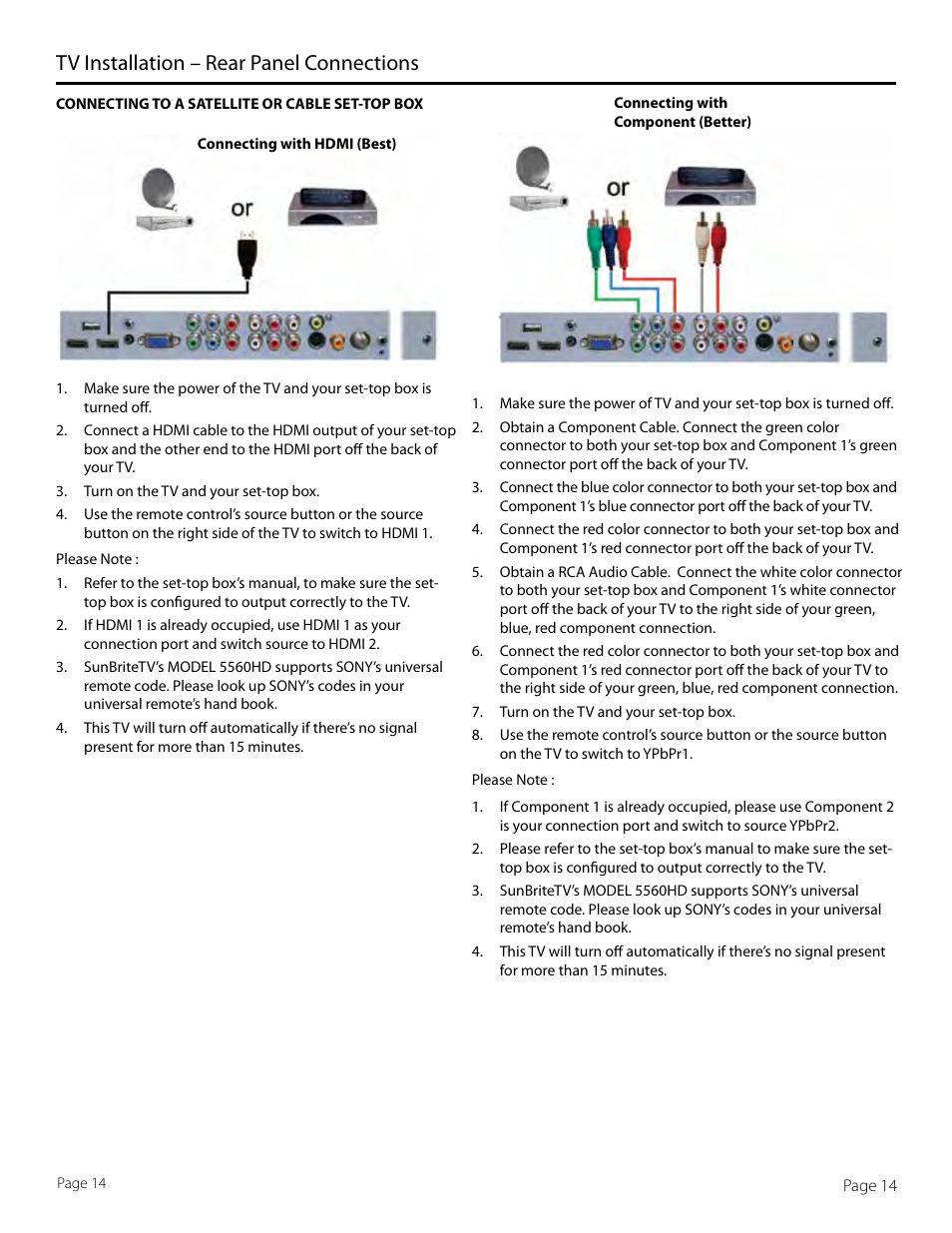 Tv installation – rear panel connections | SunBriteTV SB-5560HD User Manual | Page 14 / 40