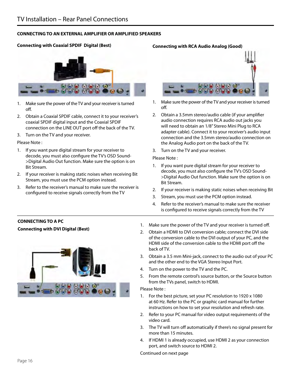 Tv installation – rear panel connections | SunBriteTV SB-5560HD User Manual | Page 16 / 40